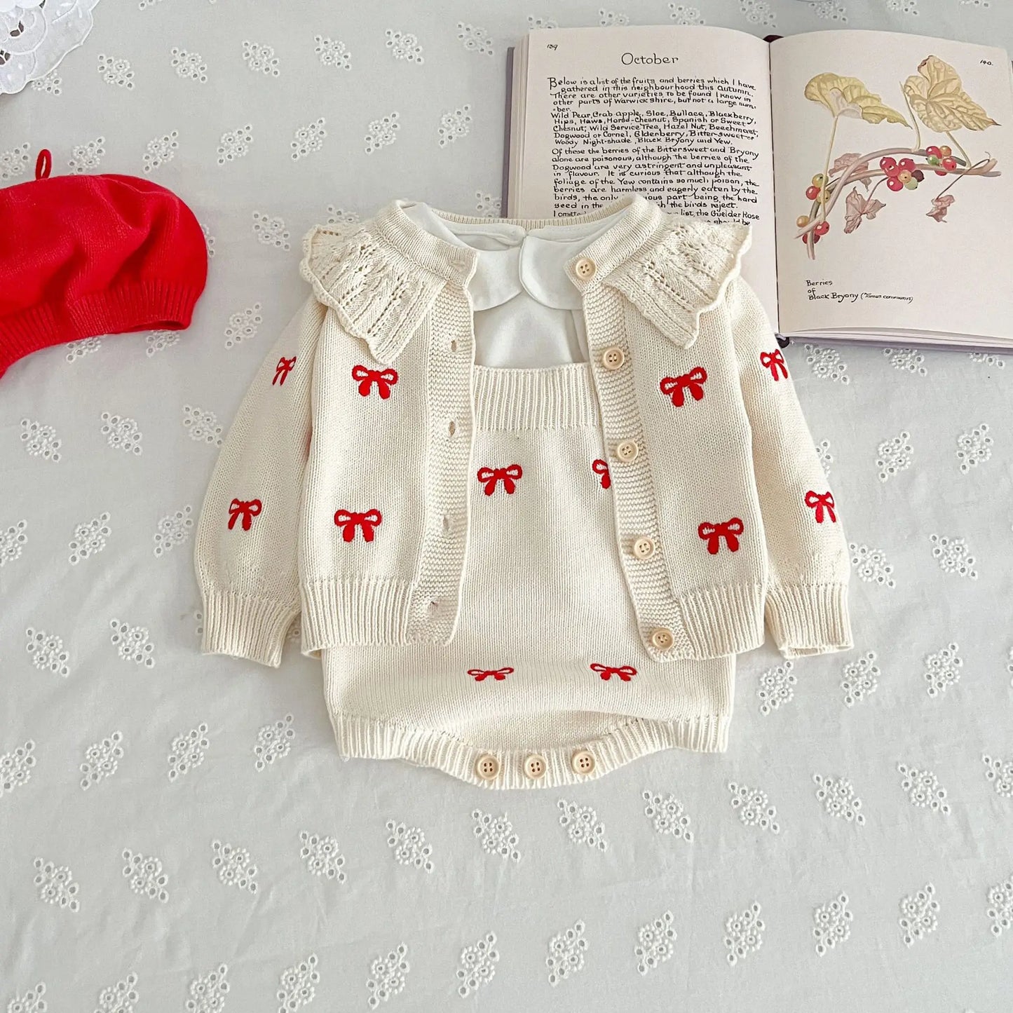 Knitted Bow Romper and Cardigan