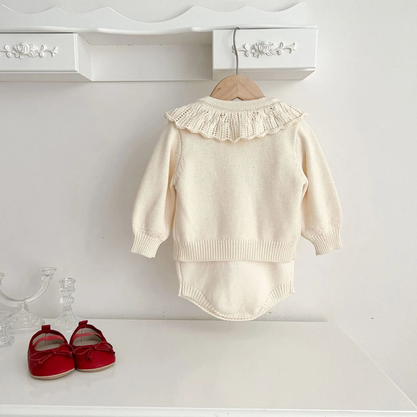 Knitted Bow Romper and Cardigan