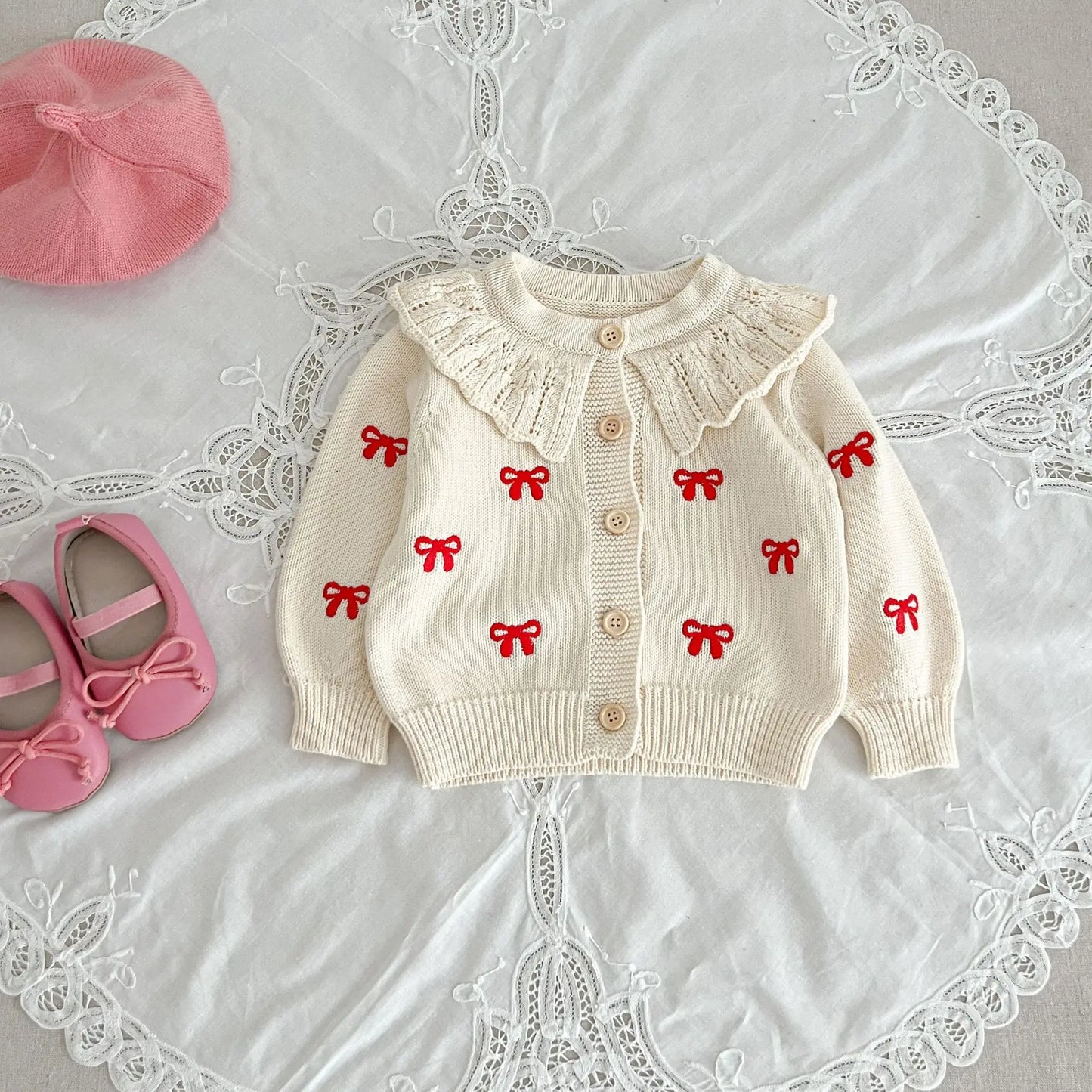 Knitted Bow Romper and Cardigan