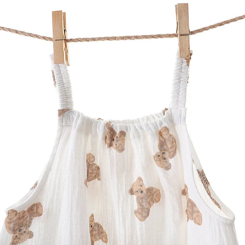 Teddy Bear Muslin Romper and Hat Set