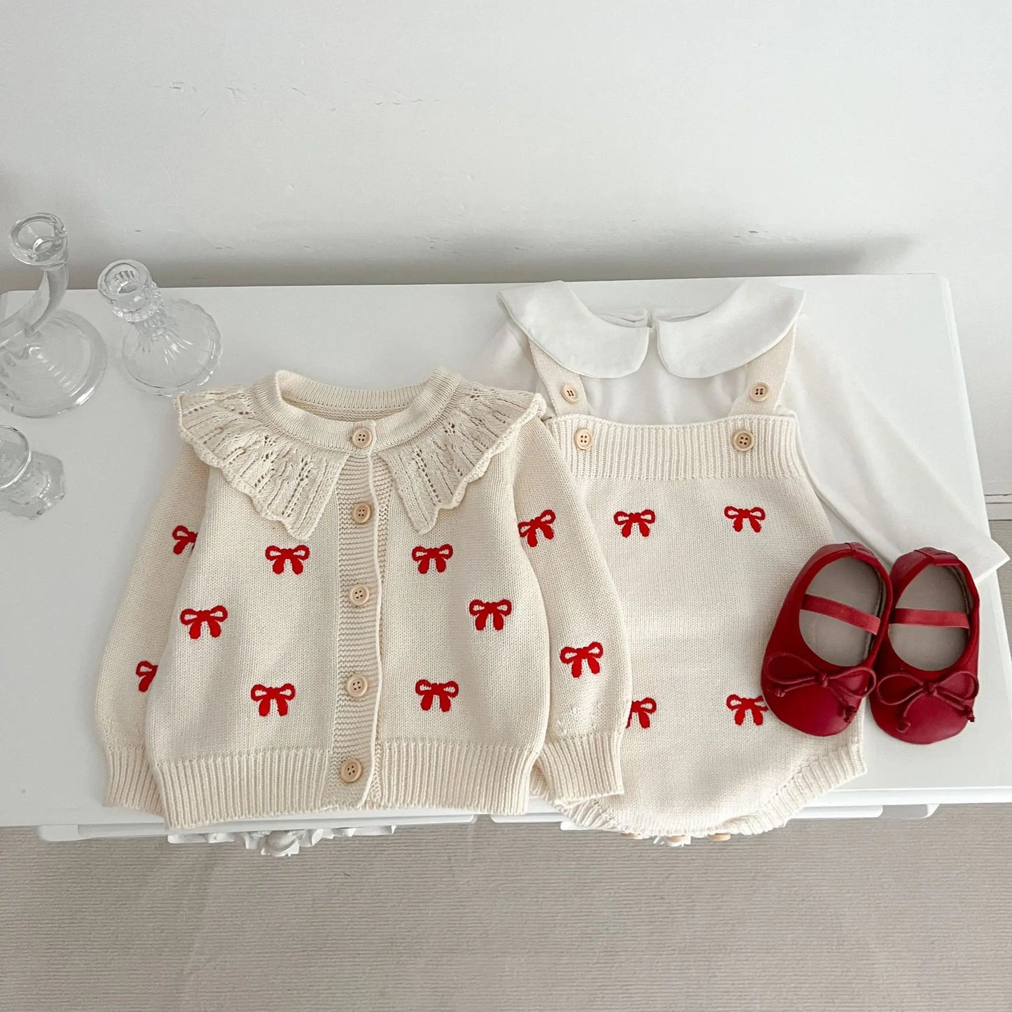 Knitted Bow Romper and Cardigan